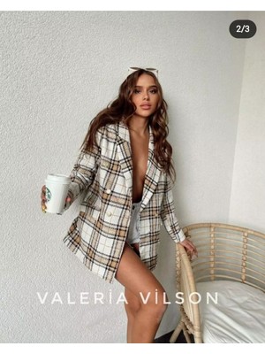 My Model Kahve Bej Ekoseli Kruvaze Ceket