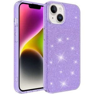 Case 4U Apple iPhone 14 Kılıf Çift Katmanlı Simli Shining Silikon Arka Kapak Mor