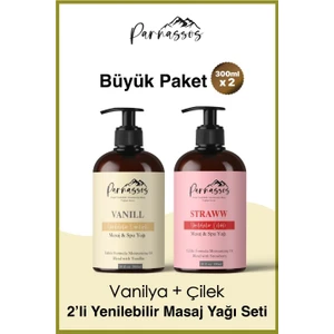 Doğal Vanilya + Çilek Özlü Duyusal Etkili Yenilebilir Aromaterapi Masaj Yağı 300 ML Seti