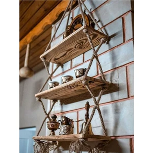 Enjoy Lıfe Tasarım Ahşap Eskitme 3 Katlı Halatlı Yanık Dekoratif Raf