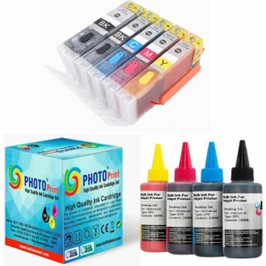 Canon Pixma İP7250 PGI-550XL CLI-551XL Uyumlu Kolay Dolan (Dolabilen Tıpalı Otoreset) Kartuş Seti - 5 Renk (Tam Dolu) + 5 Renk Mürekkep Seti