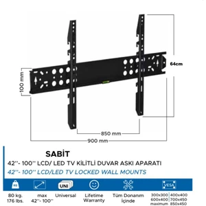 Ata Elektronik 70'' Inç 177 Ekran 75'' Inch 190 Ekran 77'' Inç 195 Ekran 80'' Inç - 203 Ekran 85'' 215 Ekran 90'' 100'' Inch Sabit Askı Aparatı + Su Terazili + Vida + Dübel VT100