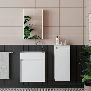 Ayaksız 2 Kapaklı Lavabolu Mat Beyaz 50 cm Banyo Dolabı ve Aynalı Üst Dolabı Boy Dolabı