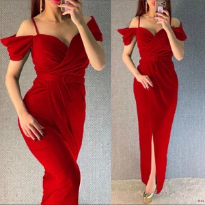 Omuz Detaylı Kemerli Önden Yırtmaç Detaylı Ithal Krep Kumaş Abiye Elbise