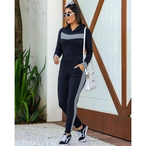 Kadın Uzun Kol Kapüşonlu Ekose Detaylı Iki Iplik Kumaş Alt Üst Ikili Eşofman Takımı