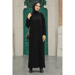 Neva Style - Boğazlı Yaka Siyah Tesettür Triko Elbise 34150S
