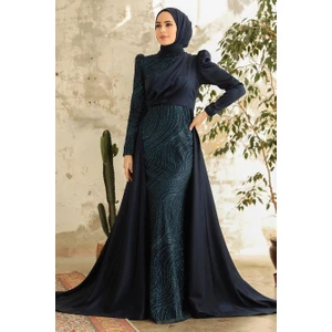 Neva Style Tesettürlü Abiye Elbise - Kuyruklu Lacivert Saten Tesettür Abiye 22924L