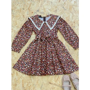Küçüğüm Butik Vintage Yakalı Kahverengi Çiçekli Uzun Kol Kloş Kız Çocuk Elbise