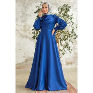 Neva Style Tesettürlü Abiye Elbise - Indigo Mavisi Saten Tesettür Abiye Elbise 38031IM
