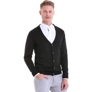 Siyah Regular Fit Düz Yün V Yaka Triko Hırka