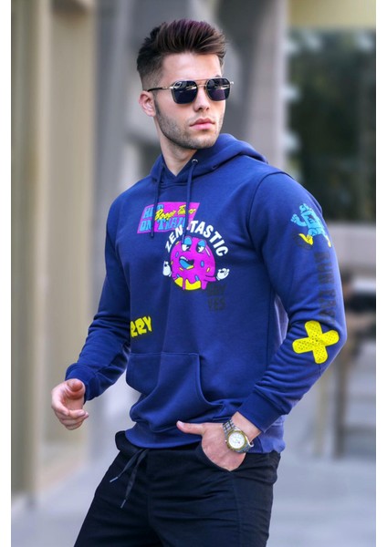 Lacivert Baskılı Kapüşonlu Sweatshirt 5896