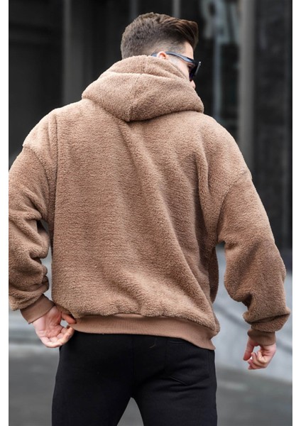 Kahverengi Peluş Over Fit Kapüşonlu Fermuarlı Erkek Sweatshirt 6049 fiyatları