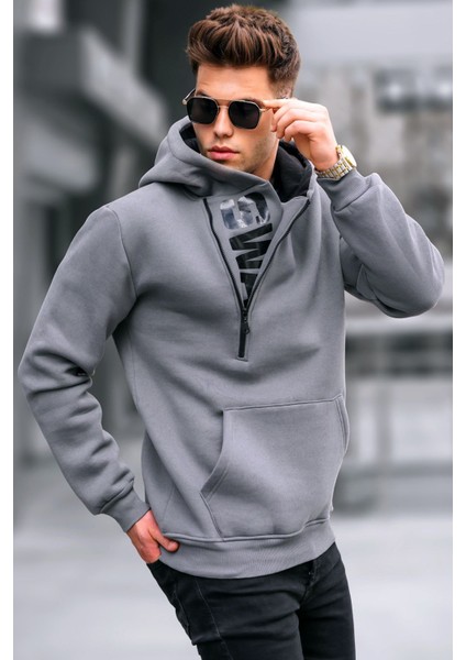 Füme Fermuar Detaylı Kapüşonlu Sweatshirt 1767