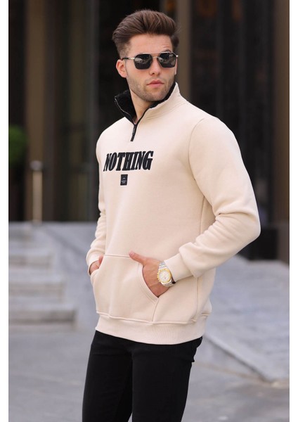 Açık Bej Baskılı Fermuar Detaylı Sweatshirt 6003 fiyatları