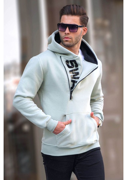 Mint Yeşili Fermuar Detaylı Kapüşonlu Sweatshirt 1767