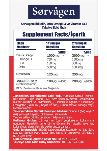 Smart Sitikolin, Dha Omega 3 ve B12 (30 Kapsül) - 2 Adet