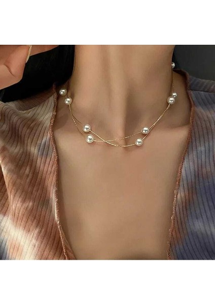 Gold Zincir Krem İncili Modern Kolye