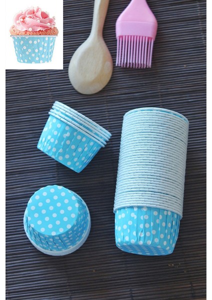 50 Adet Puantiyeli Mavi Büyük Boy Pet Kapsül Cupcake Muffin Kek Vb. Kalıbı (Ebat: 6,7 cm x 4 cm x 5 cm)