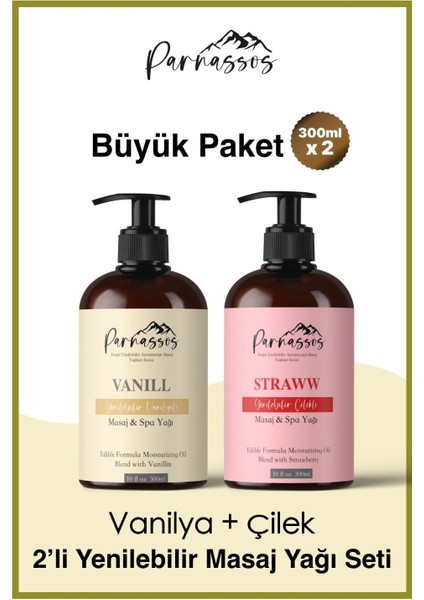 Doğal Vanilya + Çilek Özlü Duyusal Etkili Yenilebilir Aromaterapi Masaj Yağı 300 ML Seti
