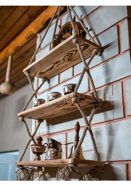 Enjoy Lıfe Tasarım Ahşap Eskitme 3 Katlı Halatlı Yanık Dekoratif Raf