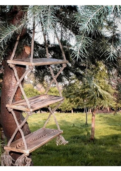 Enjoy Lıfe Tasarım Ahşap Eskitme 3 Katlı Halatlı Yanık Dekoratif Raf modelleri