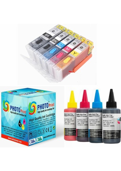 Canon Pixma MG5400 PGI-550XL CLI-551XL Uyumlu Kolay Dolan (Dolabilen Tıpalı Otoreset) Kartuş Seti - 5 Renk (Tam Dolu) + 5 Renk Mürekkep Seti