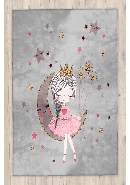 Prenses Kız Gri Bambu Çocuk Odası Halısı