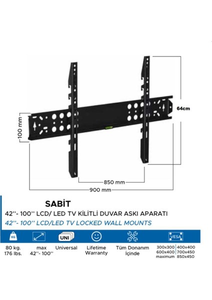 Ata Elektronik Lg Uyumlu 70'' Inç 177 Ekran 75'' Inç 190 Ekran 77'' Inç 195 Ekran 80'' Inç 203 Ekran 85'' 215 Ekran 90'' 100'' Inch Sabit Askı Aparatı + Su Terazili + Vida + Dübel VT100