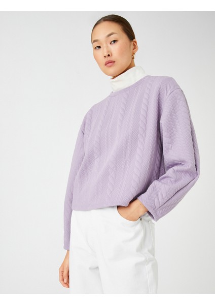Crop Sweatshirt Örgü Desenli Uzun Kollu
