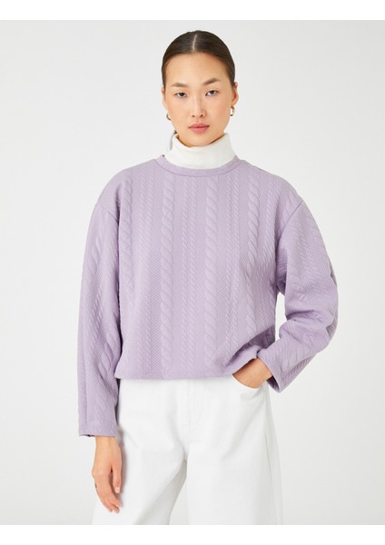 Crop Sweatshirt Örgü Desenli Uzun Kollu