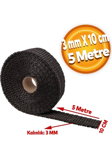 Cam Elyaf Egzos Sargısı Yanmaz Bant 3 mm x 10 cm 5 Metre Amyant Bant Siyah Sıcaklık Önler Bant