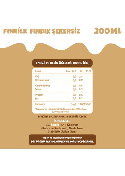 Fındık Sütü 200 Ml Glutensiz Bitkisel Bazlı Laktozsuz Vegan Şekersiz