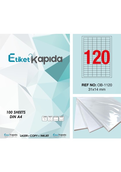 A4 Yapışkanlı Hazır Laser Etiket 31 x 14 mm 100 Sayfa 12000 Etiket