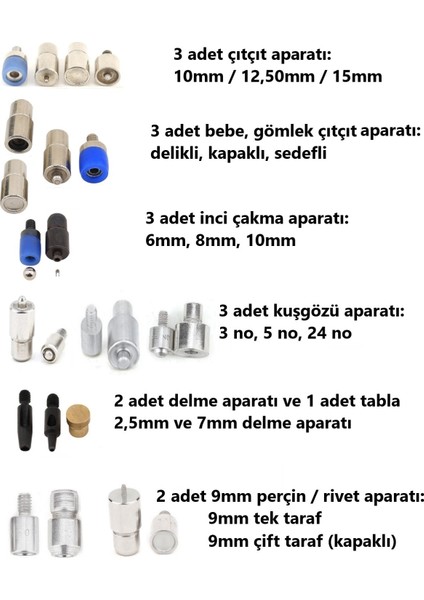 Inci, Çıtçıt, Klikit, Rivet, Kuşgözü, Perçin Kalıp Seti 17 Değişik Aparat