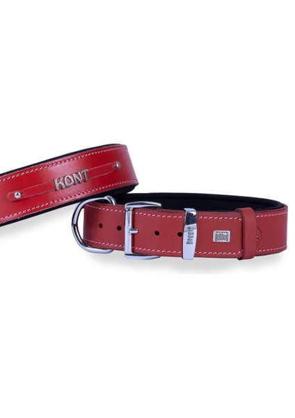 Konforlu Gerçek Deriden El Yapımı Isimlikli Köpek Boyun Tasması 4X52-60CM Kırmızı