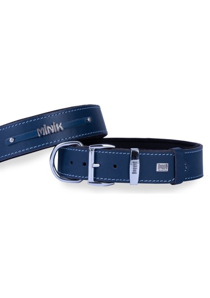 Konforlu Gerçek Deriden El Yapımı Isimlikli Köpek Boyun Tasması 4X52-60CM Royal Mavisi
