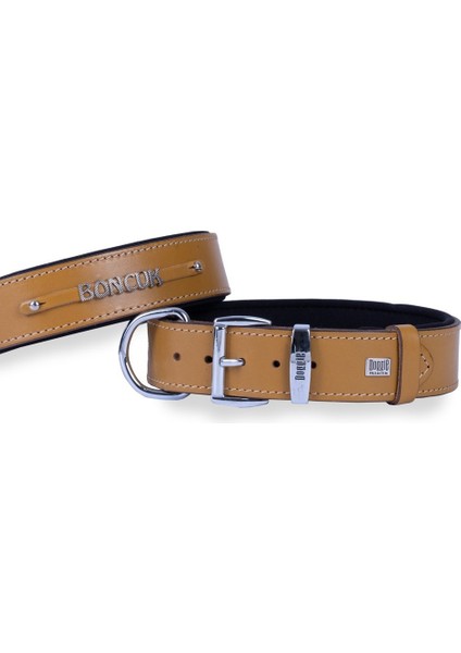 Konforlu Gerçek Deriden El Yapımı Isimlikli Köpek Boyun Tasması 4X52-60CM Camel