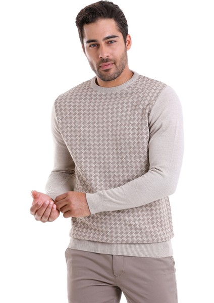 Bej Regular Fit Yünlü Desenli Bisiklet Yaka Triko Kazak