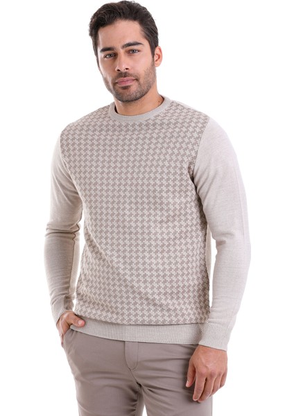 Bej Regular Fit Yünlü Desenli Bisiklet Yaka Triko Kazak fiyatları