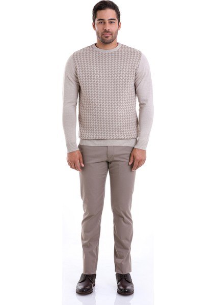 Bej Regular Fit Yünlü Desenli Bisiklet Yaka Triko Kazak modelleri