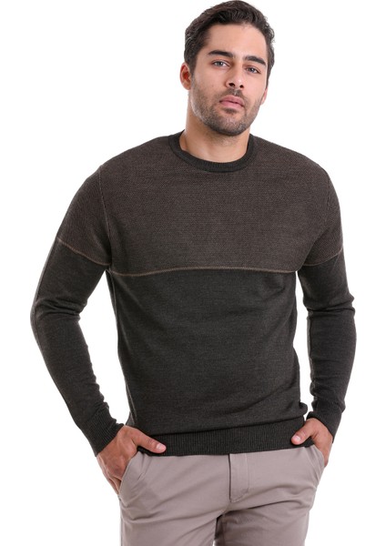 Kahverengi Regular Fit Yünlü Desenli Bisiklet Yaka Triko Kazak