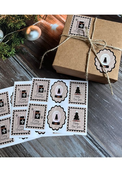Yılbaşı Temalı Sticker- Mutlu Yıllar Etiket-Paketleme Happy Newyear Sticker Kartpostal Pul Desenset fiyatları