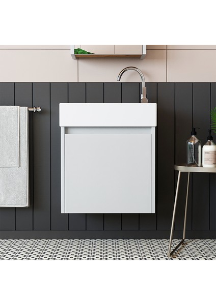 Ayaksız Tek Kapaklı Lavabolu Beyaz 50 cm Banyo Dolabı