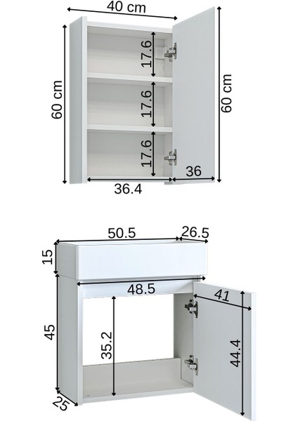 Ayaksız Tek Kapaklı Lavabolu Mat Beyaz 50 cm Banyo Dolabı ve Aynalı Üst Dolabı