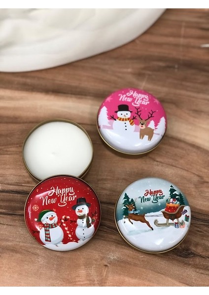Yılbaşı Yeni Yıl Konsept 3lü Mumlu Metal Kutu Seti Christmas Candle Boxes With Candle 7x3.5