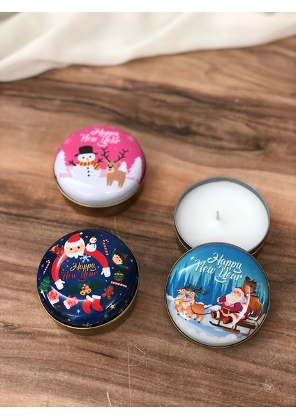 Yılbaşı Yeni Yıl Konsept 3lü Mumlu Metal Kutu Seti Christmas Candle Boxes With Candle 7x3.5