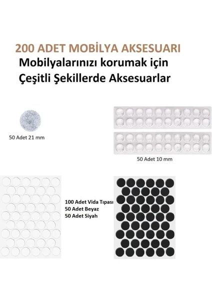 Pera İstanbul 200 Adet Premium Mobilya Aksesuarları Için Kendinden Yapışkanlı Keçe Ses Stoperi ve Vida Tıpası