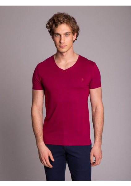 Bordo Erkek Slim Fit V Yaka Tshirt