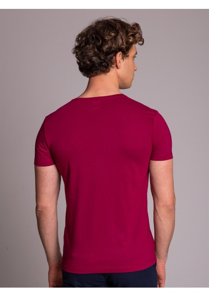 Bordo Erkek Slim Fit V Yaka Tshirt