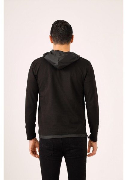 Siyah Erkek Slim Fit Kapüşonlu Sweatshirt